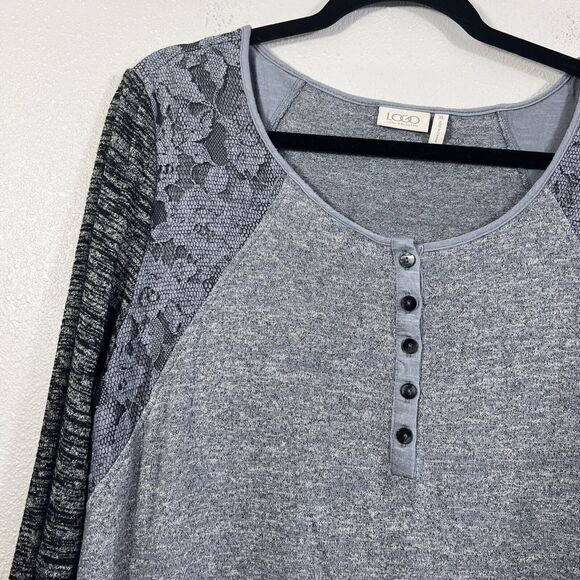 LOGO Lori Goldstein Black Gray 3/4 Sleeve Pockets Color Blocked Lace Size XL - Picture 2 of 10